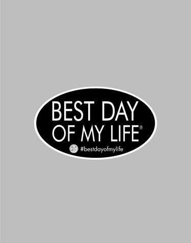 graphic of a black oval sticker with white letters that reads best day of my life with a qr code
